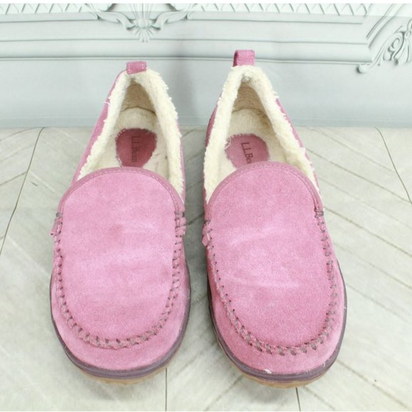 LL Bean Pink Suede Slip On Fleece Lined Mountain Moccasin Slippers Size 8 M - Picture 5 of 9